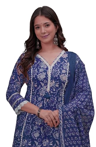 Amayra Women's Pure Cotton Printed Straight Kurta Set with Palazzo Pants & Dupatta- Ethnic Wear, Blue(TCK621,XXL)
