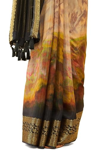 Soch Womens Brown Tussar Abstract Print Saree With Tassels(8907175714386)