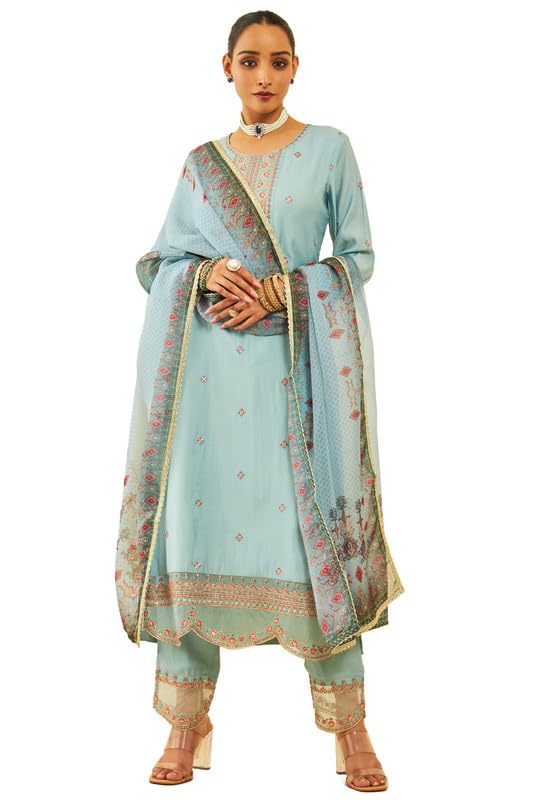 Soch Womens Powder Blue Chanderi Embroidered Suit Set With Sequins