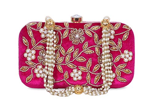 DUCHESS Women's Velvet Zari Zirkon Box Clutch Purse (Fuchsia)