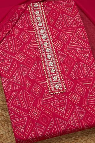 Soch Womens Fuchsia Jam Cotton Bandhani Print Unstitch Dress Material With Beads And Stones
