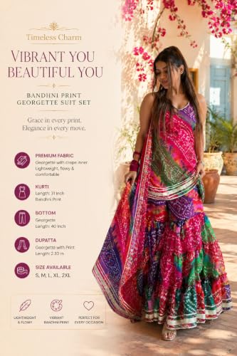 VARNI FABRICS: A lady's First Love Women's Multicolor Georgette Bandhni Printed Kurti Set With Sharara And Dupatta