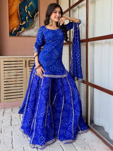 Women's Bandhani Printed Kurta Set With Dupatta And Sharara