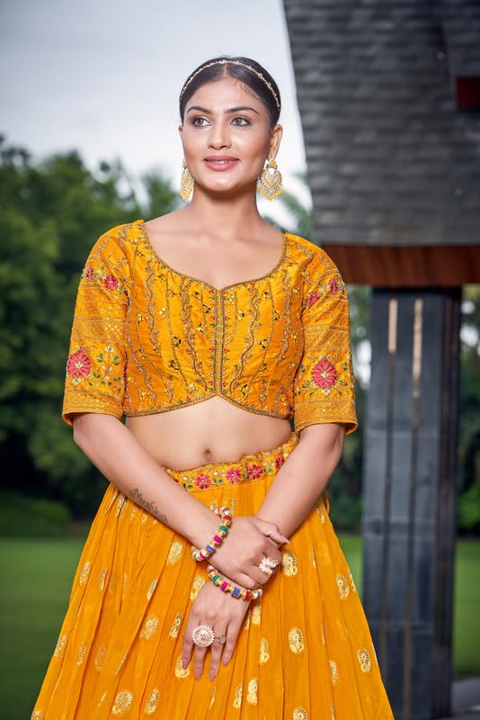 Samprag Silk Lehenga Choli Set for Womens | Sleevless | Sweetheart Neck |Ideal for Wedding & Party Occassions | Yellow | M