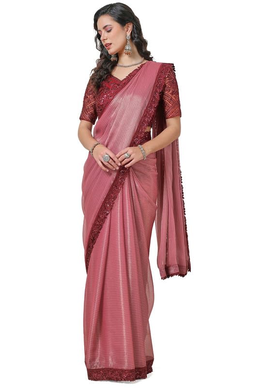 Soch Womens Onion Pink Chiffon Striped Saree with Sequin Lace Border