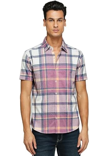 Wear Your Opinion Plaid Checkered Washed Effect Knit Casual Half Shirt for Men | All Day Comfort | Orchid Checks Shirt (Orchid Pink, XXXX-Large)