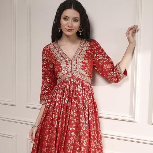 Biba Women's Red Cotton Anarkali Printed Suit Set