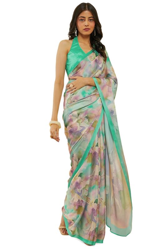 Soch Womens Light Green Botanical Print Crepe Saree