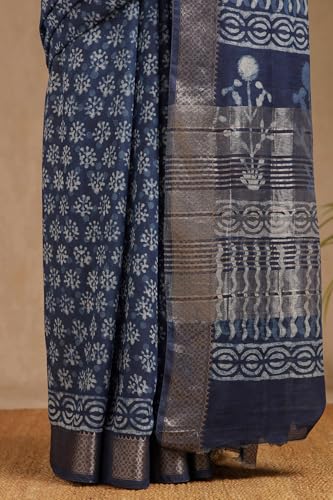 Soch Womens Indigo Viscose Block Print Saree