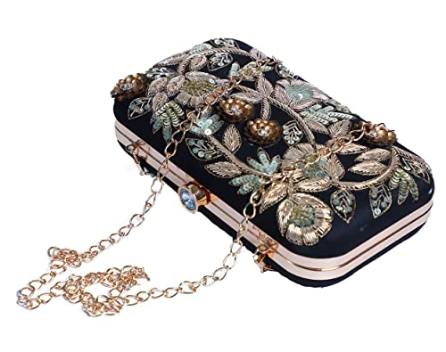 SWISNI Women's Elegant Flower Zardosi Embroiery Black Clutch | Raw Silk | 8X4 Inch Clutch Purse For Bridal, Casual, Party, Wedding, Evening, Gift