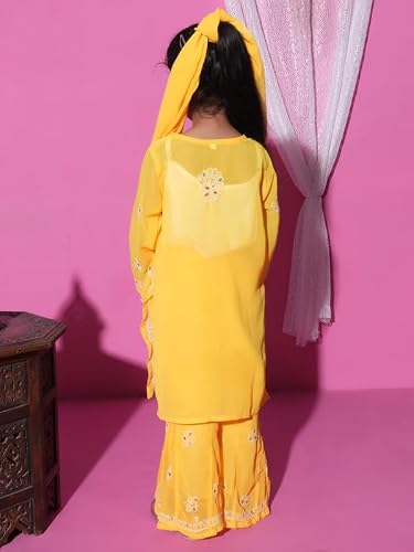 Fashion Chikan Art Chikankari Lucknowi Hand Embroided Gota Patti Kurti,Palazzo and Dupatta Set | Color - Yellow | Size - 11-12 Years