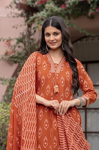 Pistaa's Women's Pure Cotton Anarkali Printed Kurta with Palazzo & Dupatta Set (Rust, XXX-Large)