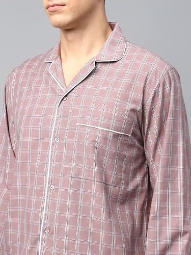 English Navy Men Checked Night Suit Mauve M, Machine Washable Easy Care Fabric, Soft Breathable Fabric for a restful Night, Gentle on Skin for All Night Comfort