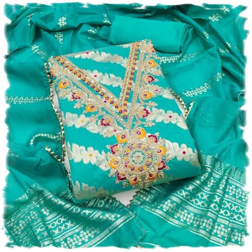 Leeli Peeri Designer Women's Banarasi Jacquard Embroidery Work Unstitched Salwar Suit Dress Material