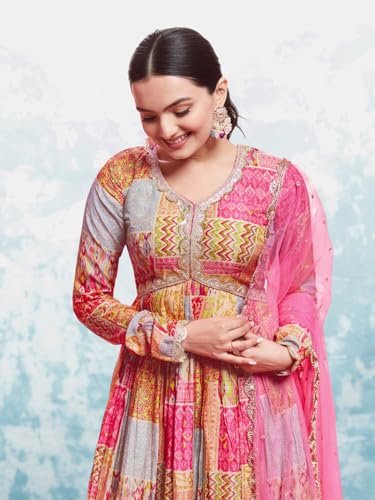 FUSIONIC Elegant Coral Print Gown with Dupatta
