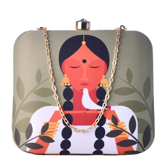 Artklim Traditional Girl With White Bird Printed Clutch