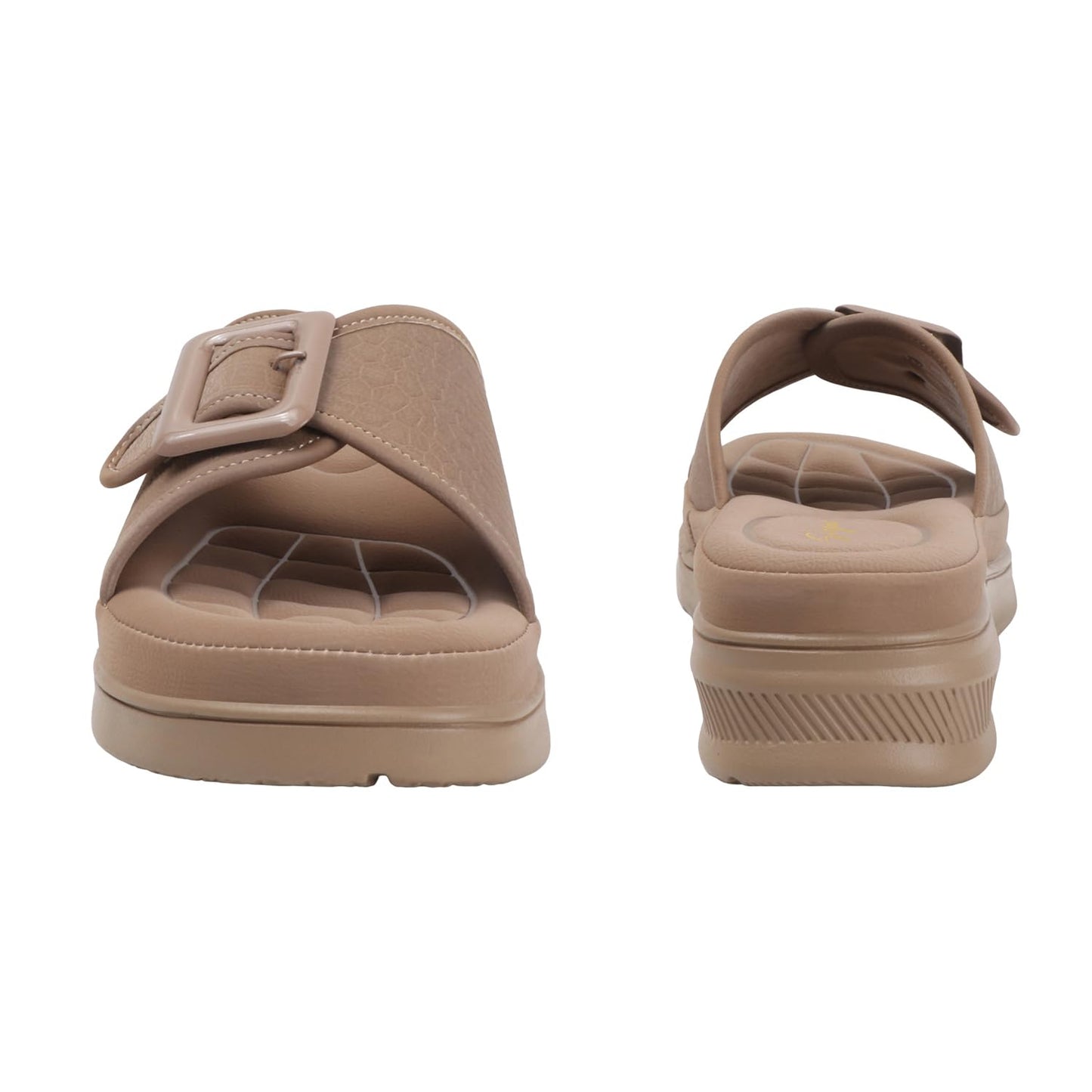 Elegant Slide Women Sandals with Bold Buckle and Soft Quilted Footbed for Everyday Comfort (Chiku, UK Footwear Size System, Adult, Women, Numeric, Medium, 9)