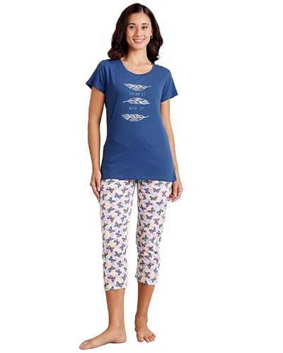 BODYCARE Women's Cotton Printed T-Shirt and Capri Set | Soft & Breathable Nightwear | Short Sleeves | Loungewear Co-Ord Set| BSCS16045_100 Multicolour