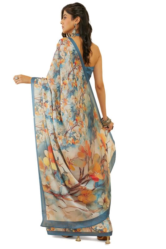 Soch Womens Grey Floral Print Crepe Saree