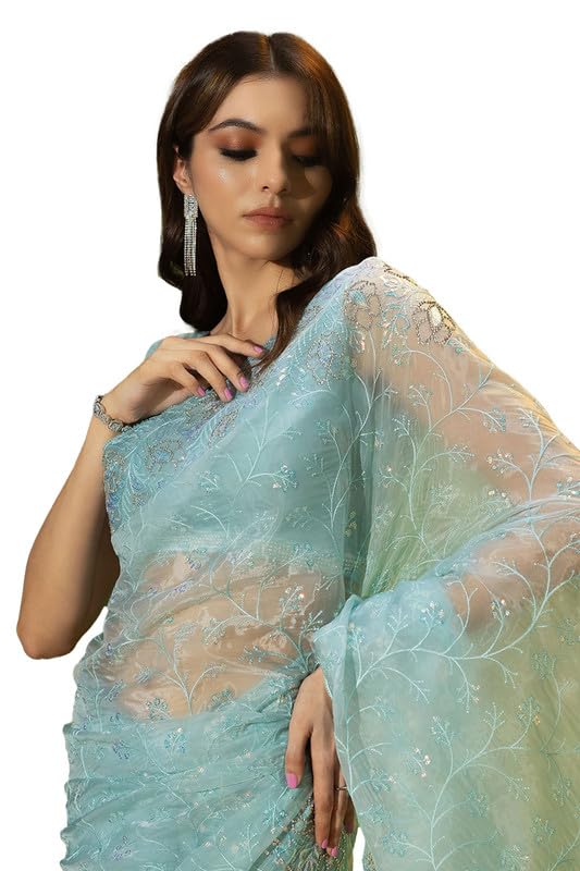 Soch Womens Powder Blue Organza Embroidered Saree With Stones And Sequins