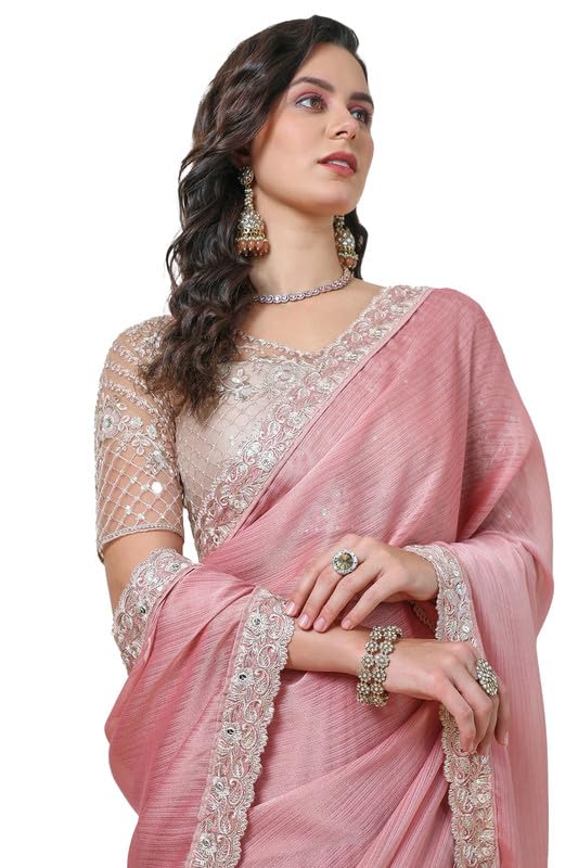 Soch Womens Blush Pink Chiffon Striped Saree with Zardosi Border