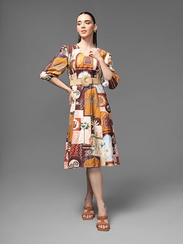 Kazo Souks Midi Dress with Belt (Brown_L)