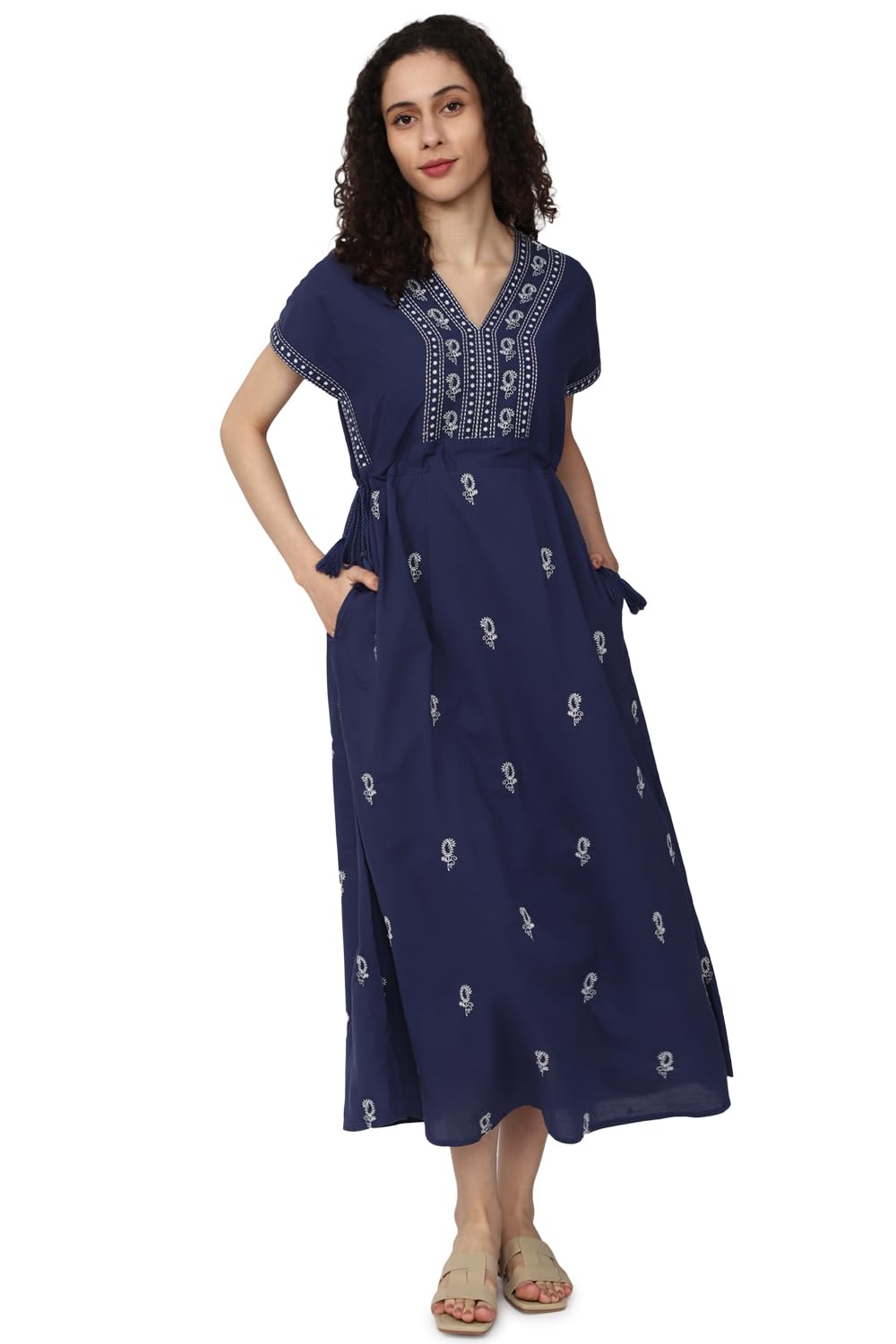 Van Heusen Women's Cotton A-Line Calf Length Dress (VWDRNRGFU22085_Navy