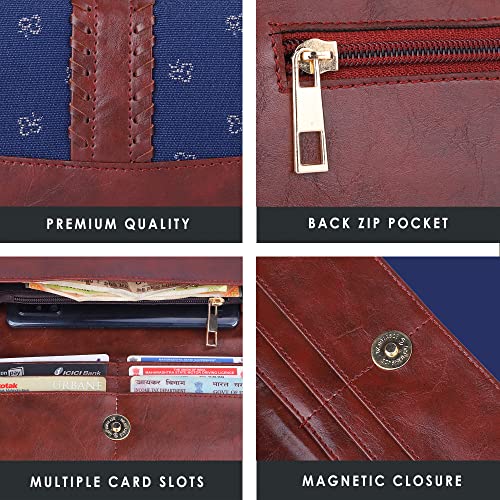 The Clownfish Serina Collection Tapestry Fabric & Faux Leather Snap Flap Style Womens Wallet Clutch Ladies Purse with Card Holders (Blue-Spade Design)