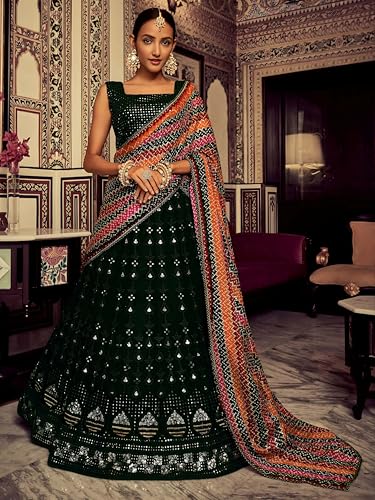 Zeel Clothing Women's Sequins Thread Embroidered Georgette Lehenga Choli With Dupatta (6003-Green-Women-Lehenga-Choli-New; Free Size)(Green)