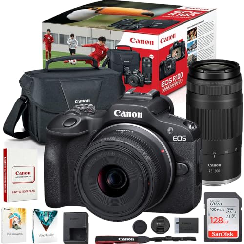 Canon EOS R100 Camera Double Zoom 2 Lens Kit w/RF-S 18-45mm + RF 75-300mm Lenses 6052C111 Bundle with Deco Photo Kit Including Lexar Premium PRO Series 64GB SDXC Memory Card + Corel Photo Video Suite