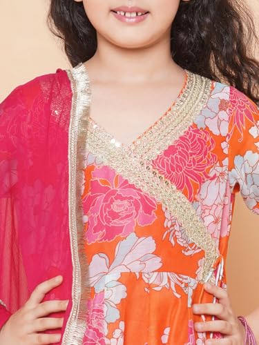 Bitiya By Bhama Girls Orange Floral Printed Angrakha Anarkali Kurta & Sharara With Dupatta(TKS141)