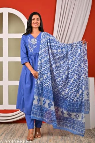 Women's Blue Anarkali Kurta with Floral Printed Dupatta and Trouser Set, 3-Piece Ethnic Wear (IN, Alpha, L)