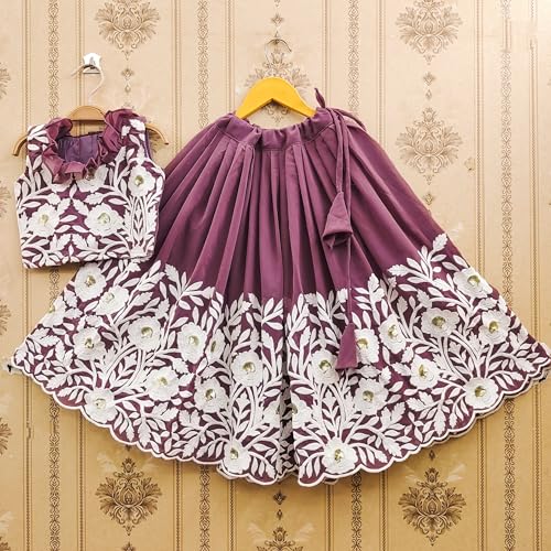 Tejam Girls Traditional Georgette Silk Floral Embroidered Readymade Crop Top With Lehenga Choli For Girls 2 To 8 Years (Onion, 6-7 Years)