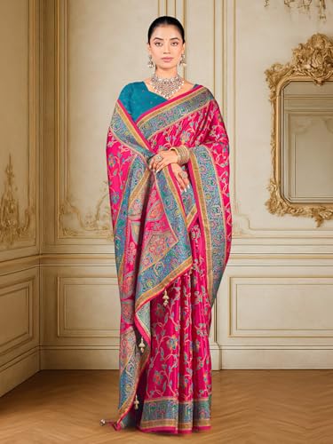 Glory Sarees Women’s Luxurious Dola Satin Pure Silk Original Saree Position Print Work Madhubani Inspired Motifs Banarasi Kanjivaram Style Saree With Blouse Piece (Elegant105_Pink)