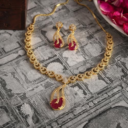 RATNAVALI JEWELS Red American Diamond Traditional Ruby Necklace Pendant Set with Earring for Women
