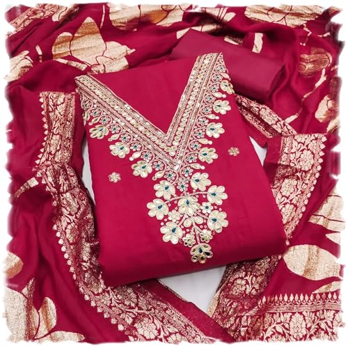 Leeli Peeri Designer Women's Silk Embroidery Work Unstitched Salwar Suit Dress Material