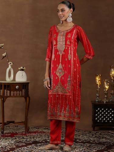 Libas Womens Woven Design Silk Blend Straight Kurta with Trousers and Dupatta