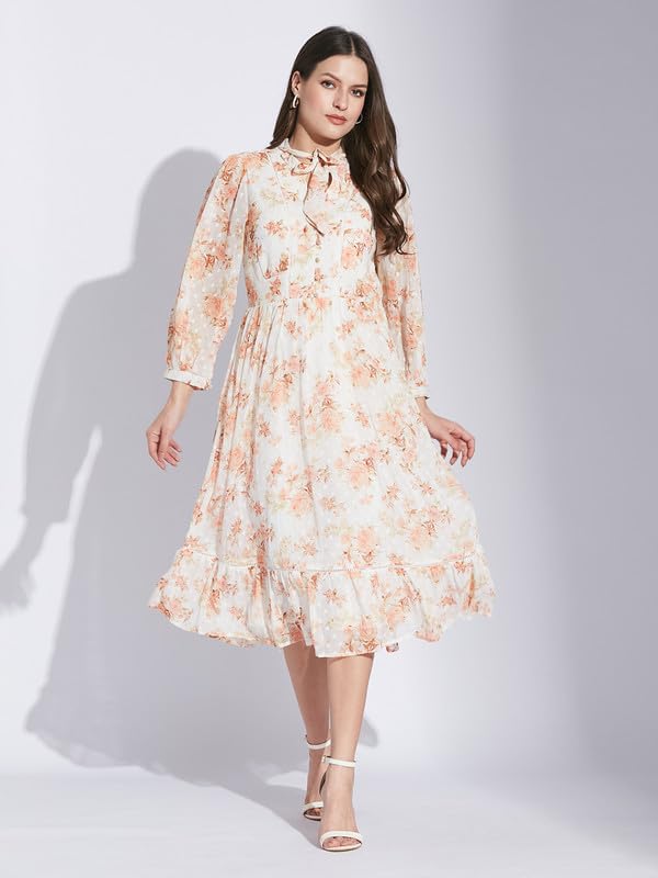 Latin Quarters Women Orange Tie-Up Neck 3/4 Sleeve Floral Dress_M