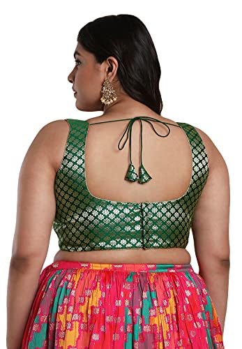 SALWAR STUDIO Women's Green Brocade Readymade Saree Blouse-PLSSB00030-GREN