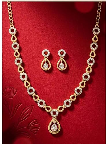 Brado Jewellery Gold Plated Brass Leaf Design American Diamond White Ad Necklace & Earrings Set for Women and Girls | Adjustable Neck Chain Trendy Contemporary Anti Tarnish Western Choker | Party, Wedding and Anniversary (White)