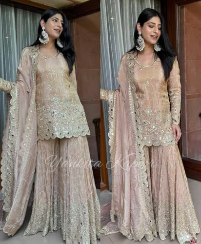 SAMUYA Embroidered Sharara Set, Beige, Net Fabric, Sequin Work, 3-Piece Suit with Dupatta (IN, Alpha, 2XL, Regular)