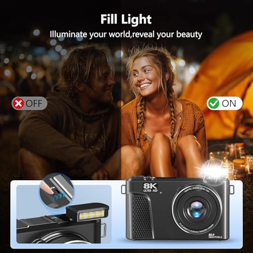 CAMKORY 8K Digital Camera, 88MP Vlogging Camera for YouTube/Photography with 3" 180° Flip Screen, Fill Light, WiFi, Filters, Beauty Features Includes 32GB SD Card & 2 Batteries, Matte Black