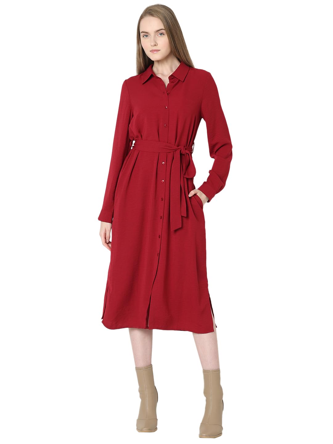 VERO MODA Women Solid Red Polyester Midi Length Shirt Dress