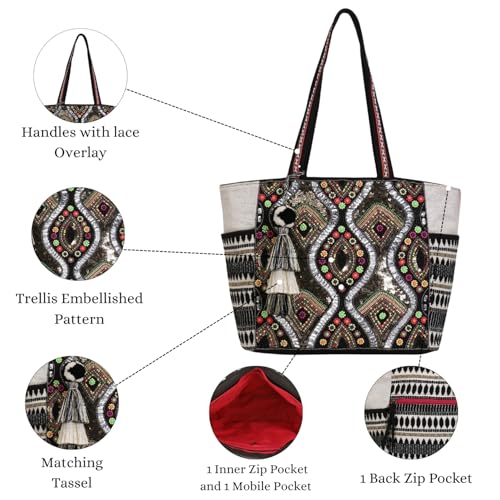 Anekaant Boho Natural, Black & Multicolor Acrylic Jacquard & Cotton Canvas Trellis Embellished Tote Bag