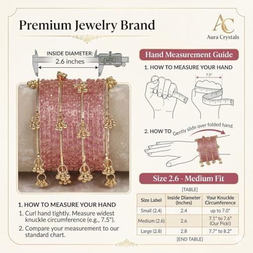 Pink Crystal Bangles Churiyan Set for Women & Girls | Set of 12 with 4 Kashmiri Bangles | Gold Ghungroo Charm Bracelet Set | Traditional Ethnic Wedding Party Fashion Churiyan (2.6, Centimeters)