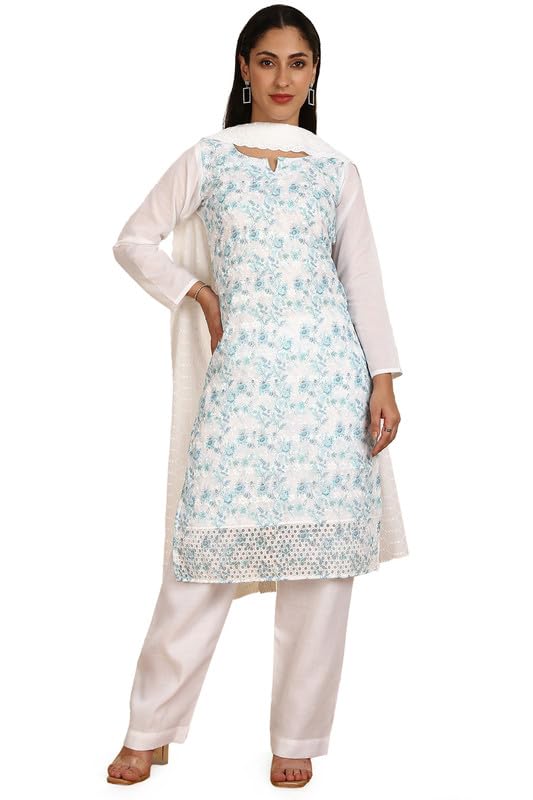 Soch Womens Blue Cotton Embroidered Unstitch Dress Material With Schiffli
