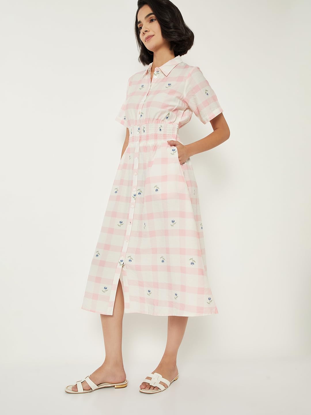 Max Women Checked Shirt Dress (White_L)