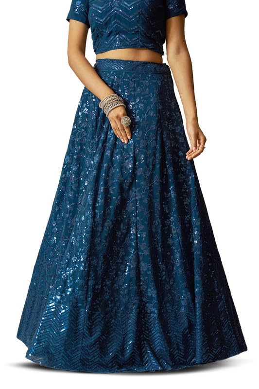 Soch Womens Blue Georgette Floral Pattern Sequin Embellished Unstitched Lehenga Set