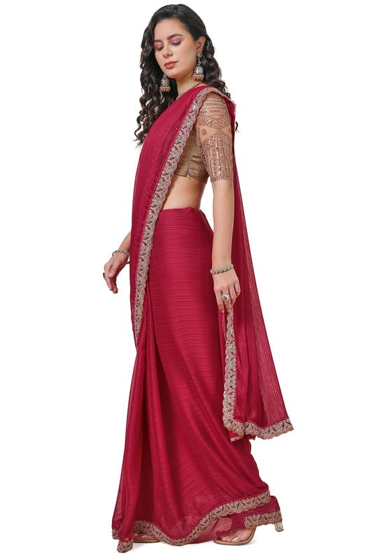 Soch Womens Maroon Striped Chiffon Saree with Zardosi Lace