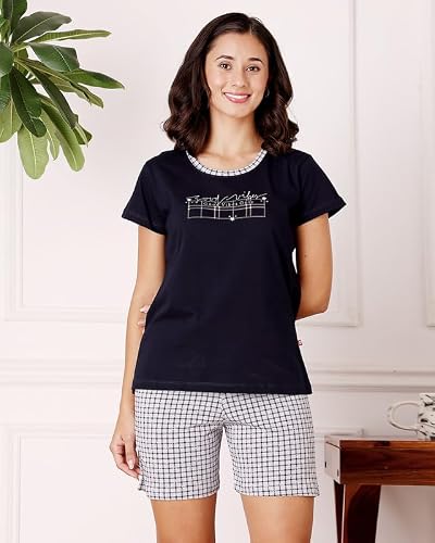 BODYCARE Women's Cotton Printed T-Shirt and Shorts Set | Soft & Breathable Nightwear | Short Sleeves | Loungewear Co-Ord Set | BSSS17033_95 Multicolour